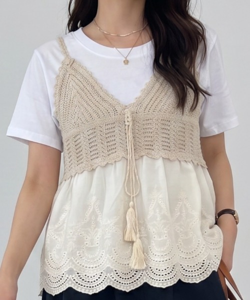 umune(ウムネ)の「ビスチェ Tシャツ セット アンサンブル 2点セット かぎ針編み風 レース タッセルリボン ペプラム 半袖 カットソー 夏(アンサンブル・レディース・オフホワイト/アイボリー・FREE)」の1枚目の写真