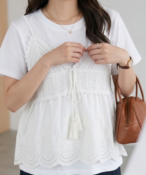 umune(ウムネ)の「ビスチェ Tシャツ セット アンサンブル 2点セット かぎ針編み風 レース タッセルリボン ペプラム 半袖 カットソー 夏(アンサンブル・レディース・オフホワイト/アイボリー・FREE)」の9枚目の写真