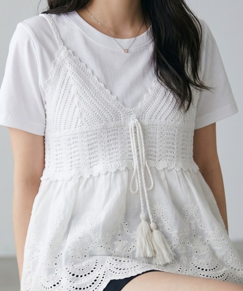 umune(ウムネ)の「ビスチェ Tシャツ セット アンサンブル 2点セット かぎ針編み風 レース タッセルリボン ペプラム 半袖 カットソー 夏(アンサンブル・レディース・オフホワイト/アイボリー・FREE)」の10枚目の写真