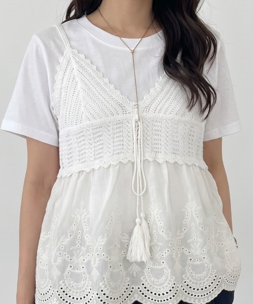 umune(ウムネ)の「ビスチェ Tシャツ セット アンサンブル 2点セット かぎ針編み風 レース タッセルリボン ペプラム 半袖 カットソー 夏(アンサンブル・レディース・オフホワイト/アイボリー・FREE)」の11枚目の写真