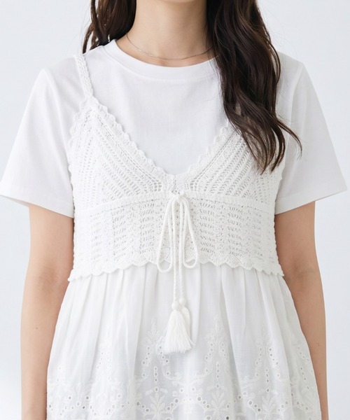 umune(ウムネ)の「ビスチェ Tシャツ セット アンサンブル 2点セット かぎ針編み風 レース タッセルリボン ペプラム 半袖 カットソー 夏(アンサンブル・レディース・オフホワイト/アイボリー・FREE)」の12枚目の写真