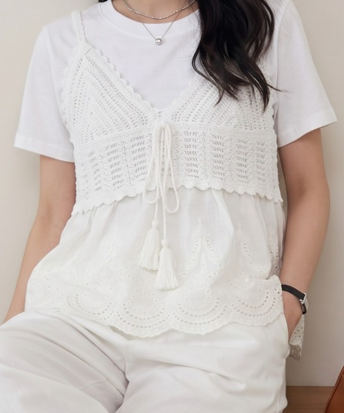 umune(ウムネ)の「ビスチェ Tシャツ セット アンサンブル 2点セット かぎ針編み風 レース タッセルリボン ペプラム 半袖 カットソー 夏(アンサンブル・レディース・オフホワイト/アイボリー・FREE)」の13枚目の写真
