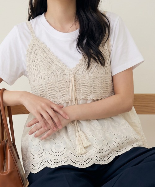 umune(ウムネ)の「ビスチェ Tシャツ セット アンサンブル 2点セット かぎ針編み風 レース タッセルリボン ペプラム 半袖 カットソー 夏(アンサンブル・レディース・オフホワイト/アイボリー・FREE)」の3枚目の写真