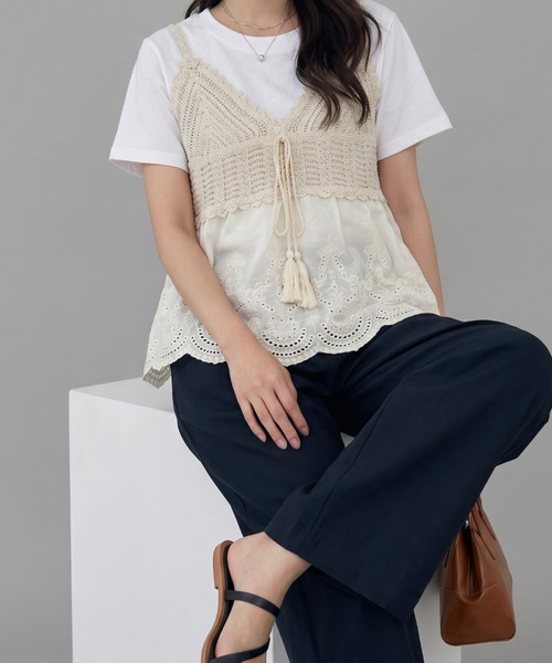 umune(ウムネ)の「ビスチェ Tシャツ セット アンサンブル 2点セット かぎ針編み風 レース タッセルリボン ペプラム 半袖 カットソー 夏(アンサンブル・レディース・オフホワイト/アイボリー・FREE)」の4枚目の写真