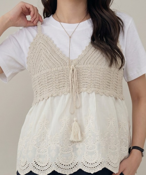 umune(ウムネ)の「ビスチェ Tシャツ セット アンサンブル 2点セット かぎ針編み風 レース タッセルリボン ペプラム 半袖 カットソー 夏(アンサンブル・レディース・オフホワイト/アイボリー・FREE)」の7枚目の写真