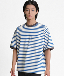 [10番手] ストライプリンガー半袖Tシャツ (ロイヤルブルー)