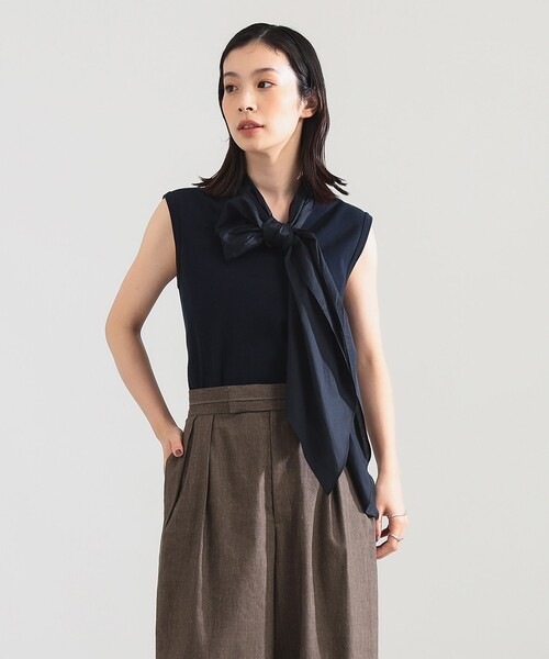 Demi-Luxe BEAMS(デミルクス ビームス)の「AK+1 / コットン リボン ノースリーブ カットソー(Tシャツ/カットソー・レディース・ネイビー/ホワイト・ONE SIZE)」の2枚目の写真