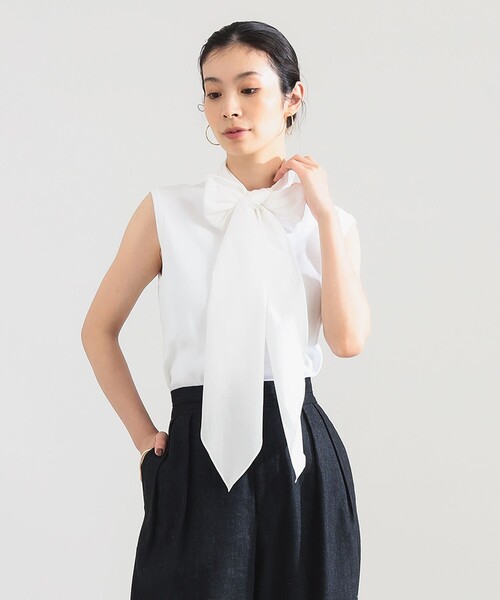 Demi-Luxe BEAMS(デミルクス ビームス)の「AK+1 / コットン リボン ノースリーブ カットソー(Tシャツ/カットソー・レディース・ネイビー/ホワイト・ONE SIZE)」の1枚目の写真