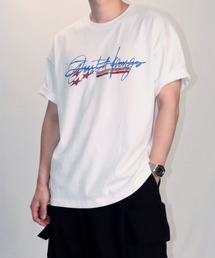 JUSTHANG（ジャストハング）の「プレミアムホワイトスターストライプビッグロゴオーバーサイズ半袖Tシャツ（Tシャツ/カットソー）」
