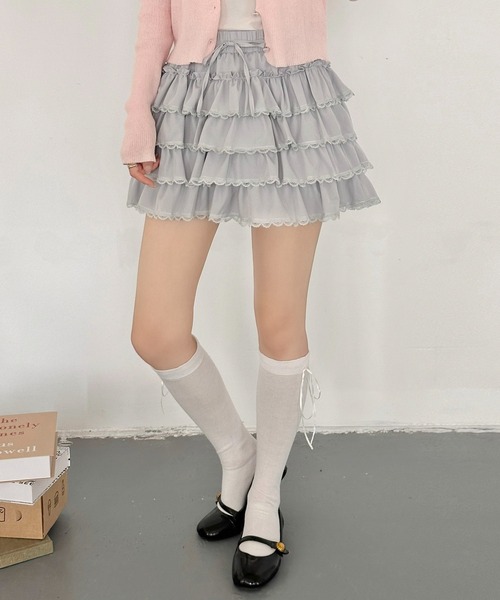 DAY CLOSET（デイ クローゼット）の「【ショート丈/ぺチパンツ一体型】華やかバレエコア レース×フリル。ハイウエスト ティアード スカート レディース（スカート・レディース・ホワイト/アイボリー/グレー/ブラック・FREE）」の17枚目の写真