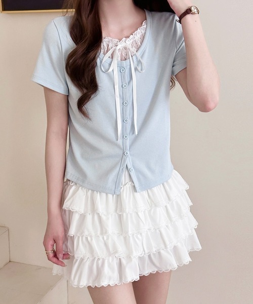 DAY CLOSET（デイ クローゼット）の「【ショート丈/ぺチパンツ一体型】華やかバレエコア レース×フリル。ハイウエスト ティアード スカート レディース（スカート・レディース・ホワイト/アイボリー/グレー/ブラック・FREE）」の8枚目の写真