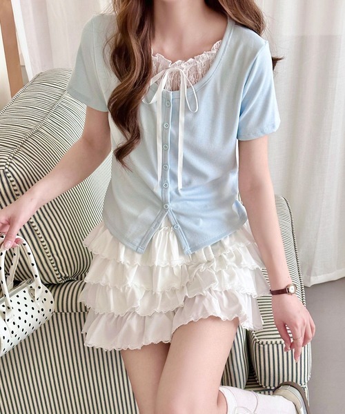 DAY CLOSET（デイ クローゼット）の「【ショート丈/ぺチパンツ一体型】華やかバレエコア レース×フリル。ハイウエスト ティアード スカート レディース（スカート・レディース・ホワイト/アイボリー/グレー/ブラック・FREE）」の10枚目の写真