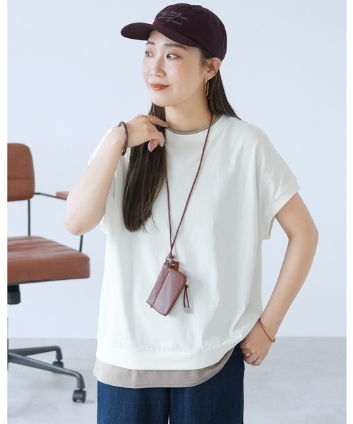 reca(レカ)の「【接触冷感】配色レイヤード風バックロゴTシャツ(Tシャツ/カットソー・レディース・オフホワイト/チャコールグレー/ネイビー・FREE)」の1枚目の写真