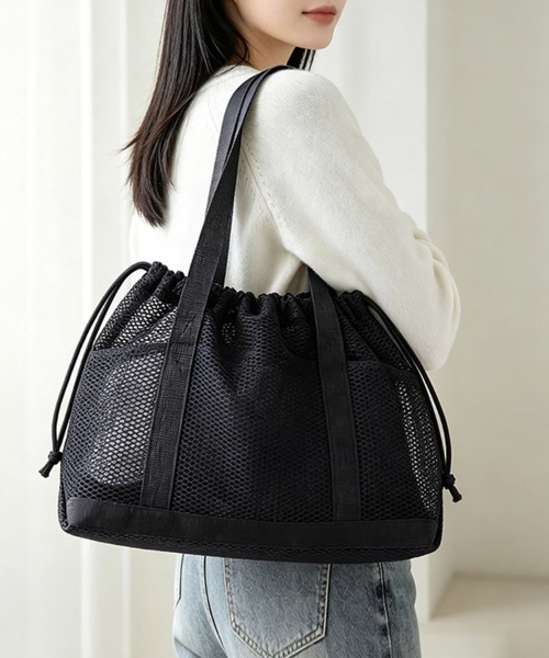 ONEP STAR(ワンピスター)の「インナーポーチ付き巾着メッシュトートバッグ(トートバッグ・レディース・ライトグレー/ライトグリーン/ブラック/ピンク/ライトパープル・FREE)」の2枚目の写真