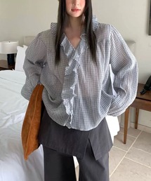 チェック柄フリル長袖ブラウス