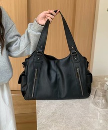 フロントジップフェイクレザー ビッグトートバッグ