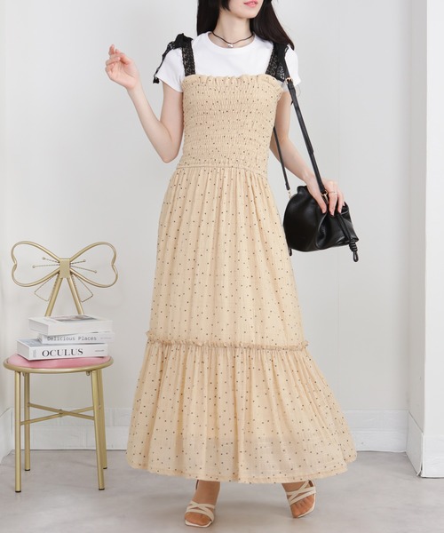 pumpkin port（パンプキンポート）の「肩リボン ドット柄 ティアードキャミワンピース（ワンピース・レディース・ブラック/ベージュ/アイボリー・M）」の12枚目の写真