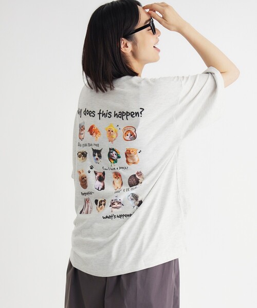 Right-on(ライトオン)の「《体型カバー》ネコバッグプリントTシャツ(Tシャツ/カットソー・レディース・チャコールグレー/ライトグレー/オフホワイト・05/04)」の3枚目の写真