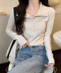 【2wayボタンアレンジ】 ヘンリーネックリブカットソー 2way ヘンリーネック ハイネック カットソー 長袖 トップス リブカットソー ハイネックトップス