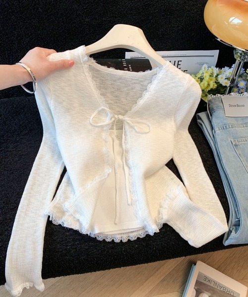 LUCPY(ラクピー)の「レーストリム リボンリブカーディガン(カーディガン/ボレロ・レディース・ブルー/ホワイト・LARGE/MEDIUM/SMALL)」の1枚目の写真