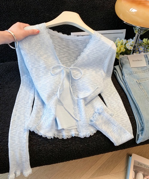LUCPY(ラクピー)の「レーストリム リボンリブカーディガン(カーディガン/ボレロ・レディース・ブルー/ホワイト・LARGE/MEDIUM/SMALL)」の2枚目の写真