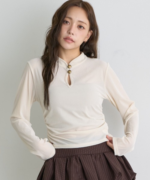 RAY CASSIN(レイカズン)の「チャイナシアーロングTシャツ(Tシャツ/カットソー・レディース・ホワイト系その他2/アイボリー/グレー系その他3/ブラウン系その他2/チャコールグレー/ブラック系その他2・FREE)」の2枚目の写真