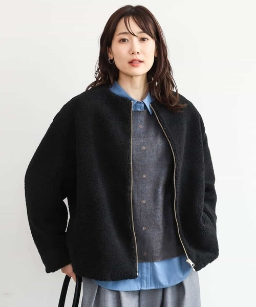 MK MICHEL KLEIN（エムケーミッシェルクラン）の「[洗える]ノーカラーボアブルゾン（ブルゾン・レディース・キャメル/ブラック・38）」の3枚目の写真