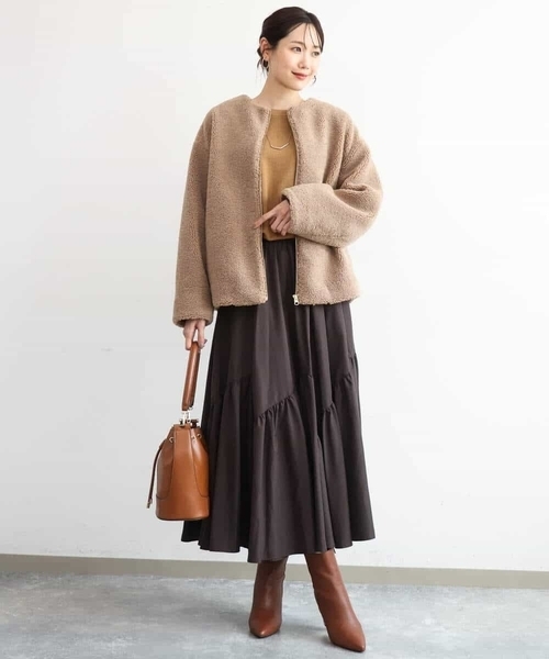 MK MICHEL KLEIN（エムケーミッシェルクラン）の「[洗える]ノーカラーボアブルゾン（ブルゾン・レディース・キャメル/ブラック・38）」の10枚目の写真