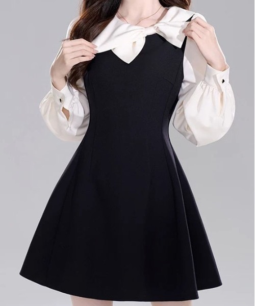 ＆soiree（アンドソワレ）の「リボンネック袖切り替え配色ミニワンピース（ワンピース・レディース・ブラック・LARGE/MEDIUM/SMALL/X-LARGE）」の4枚目の写真