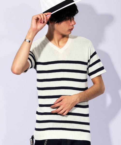 ８(eight)（エイト）の「ボーダー サマーニット 半袖 Tシャツ カットソー 麻（Tシャツ/カットソー・メンズ・ブラック/ホワイト×ブルー/ホワイト×ネイビー/ネイビー・MEDIUM/LARGE）」の2枚目の写真