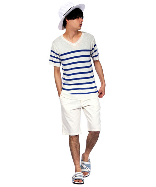 ８(eight)（エイト）の「ボーダー サマーニット 半袖 Tシャツ カットソー 麻（Tシャツ/カットソー・メンズ・ブラック/ホワイト×ブルー/ホワイト×ネイビー/ネイビー・MEDIUM/LARGE）」の5枚目の写真