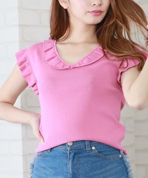 【HERCLOSET】フリル袖Vネックノースリニット