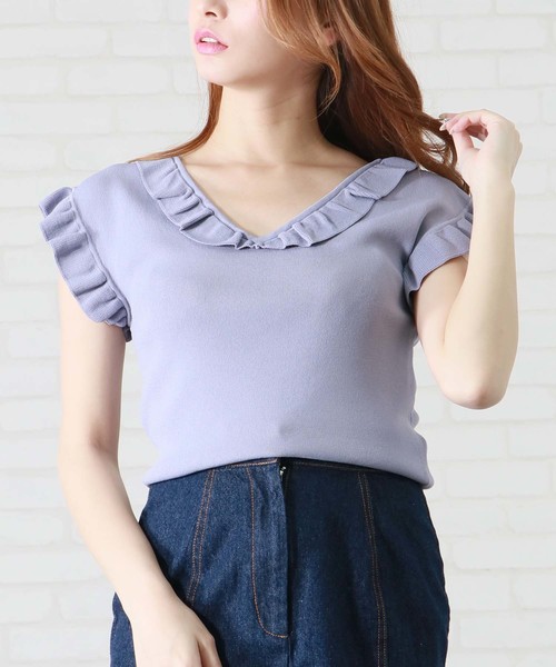 HER CLOSET(ハークローゼット)の「【HERCLOSET】フリル袖Vネックノースリニット(ニット/セーター・レディース・ブラック/ネイビー/アイボリー/グリーン系その他/ピンク系その他/グレイッシュブルー・M)」の5枚目の写真