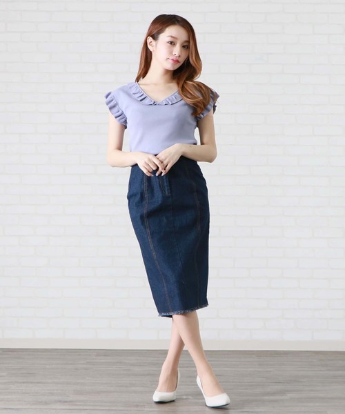 HER CLOSET(ハークローゼット)の「【HERCLOSET】フリル袖Vネックノースリニット(ニット/セーター・レディース・ブラック/ネイビー/アイボリー/グリーン系その他/ピンク系その他/グレイッシュブルー・M)」の21枚目の写真