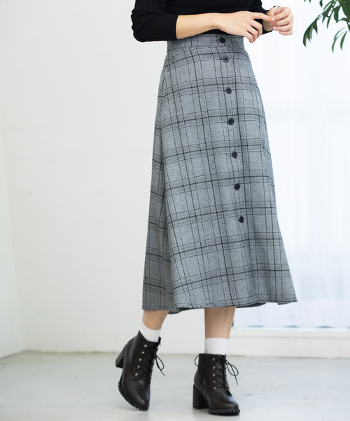 WEGO（ウィゴー）の「WEGO/チェック前ボタンミドルスカート（スカート・レディース・ブラック系その他2/グレー系その他2・FREE）」の2枚目の写真
