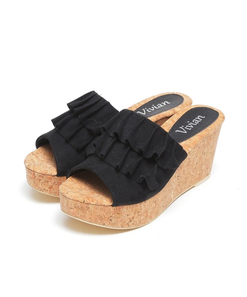 VIVIAN(ヴィヴィアン)の「フリルアッパー本コルク巻きウェッジヒールサンダル(サンダル・レディース・シルバー/ダークインディゴブルー/ワインレッド/ホワイト系その他6/ブラック系その他3/グレー系その他3/ブルー系その他3/イエロー系その他3/オレンジ系その他3・S/M/L)」の3枚目の写真