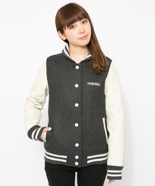 MILKFED.（ミルクフェド）の「BASIC STADIUM JUMPER　（スタジャン/牛革/無地）（スタジャン・レディース・グレー/ベージュ・MEDIUM/SMALL）」の2枚目の写真