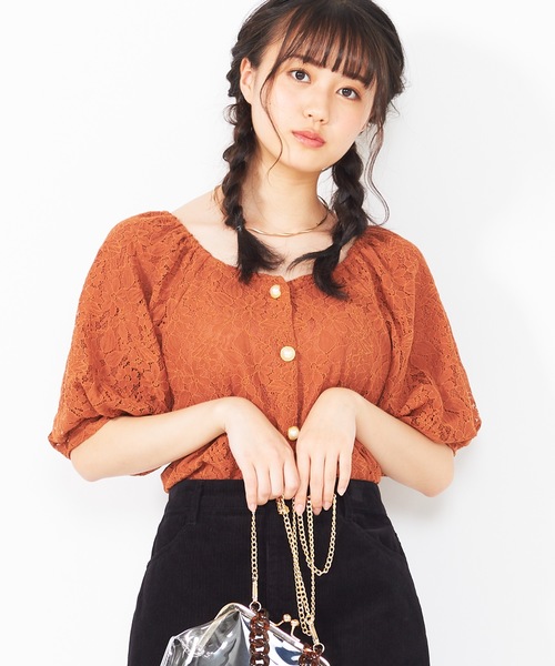 WEGO(ウィゴー)の「WEGO/スクエアネックレースブラウス(シャツ/ブラウス・レディース・ブラック/ダークオレンジ・FREE)」の1枚目の写真