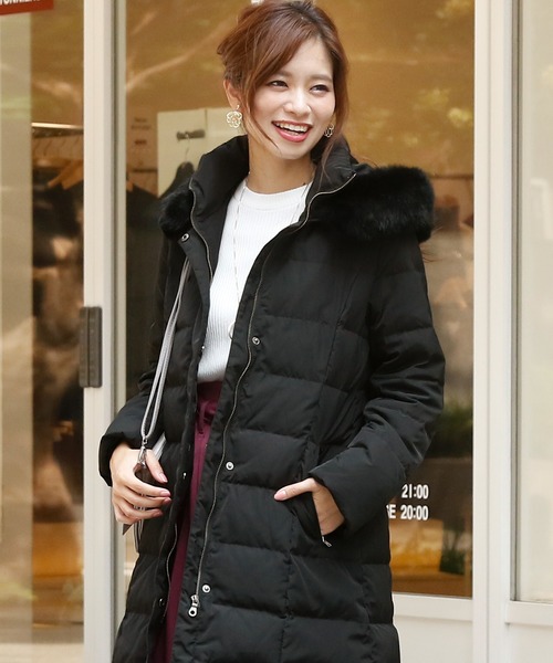 ファーフードキルティングロングダウンコート（ダウンジャケット