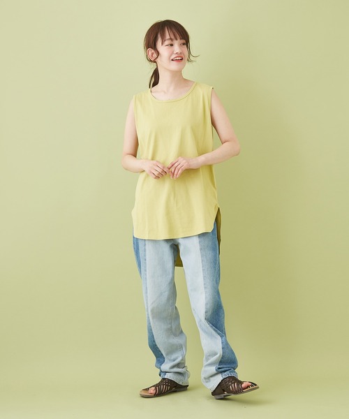 CUBE SUGAR（キューブシュガー）の「WEB限定 リサイクル天竺 ラウンド裾 タンクトップ（タンクトップ・レディース・ホワイト/チャコールグレー/カーキ/イエロー・M）」の13枚目の写真