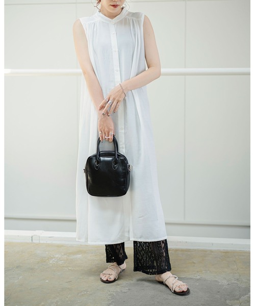 Lull（ルル）の「【Lull / ルル】バンドカラーロングシャツワンピース（ワンピース・レディース・ホワイト/オレンジ/グリーン・ONESIZE）」の2枚目の写真