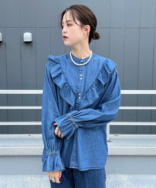 CIAOPANIC(チャオパニック)の「バンドカラーダンガリーフリルブラウス(シャツ/ブラウス・レディース・ブルー/グレー/オフホワイト・FREE)」の20枚目の写真
