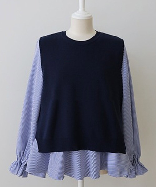 Amulet（アミュレット）の「ニットベスト付きブラウス（シャツ/ブラウス・レディース・ブラック×ホワイト/ブルー系その他/グレー×ホワイト/ベージュ/パープル/ブラック/カーキ/ブラウン・M/L/XL）」の13枚目の写真