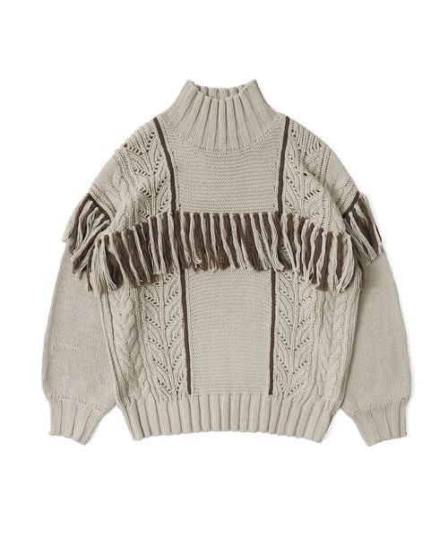 Fashion Letter（ファッションレター）の「配色フリンジハイネックニット（ニット/セーター・レディース・ブラック/グレイッシュベージュ/モカ/アイボリー・M）」の22枚目の写真