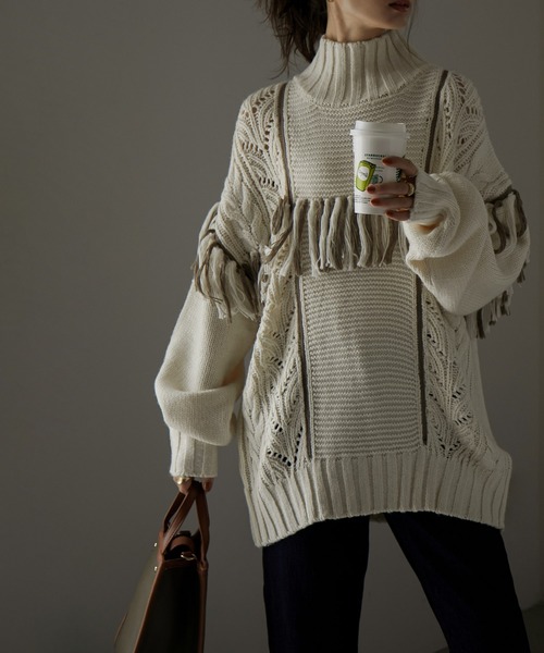 Fashion Letter（ファッションレター）の「配色フリンジハイネックニット（ニット/セーター・レディース・ブラック/グレイッシュベージュ/モカ/アイボリー・M）」の9枚目の写真