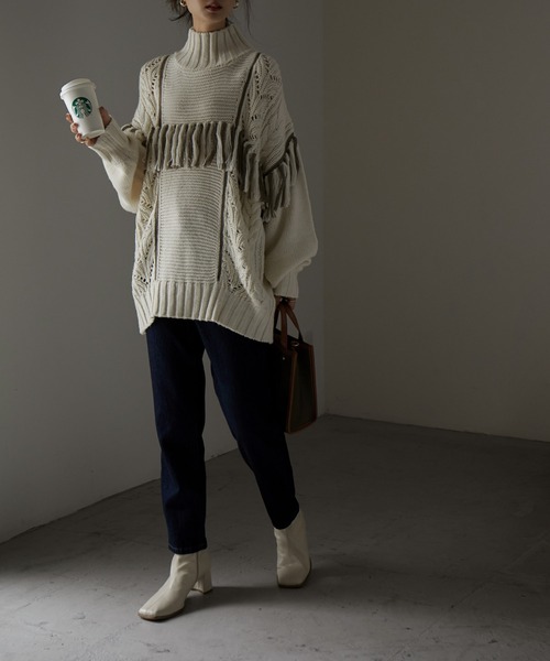 Fashion Letter（ファッションレター）の「配色フリンジハイネックニット（ニット/セーター・レディース・ブラック/グレイッシュベージュ/モカ/アイボリー・M）」の18枚目の写真