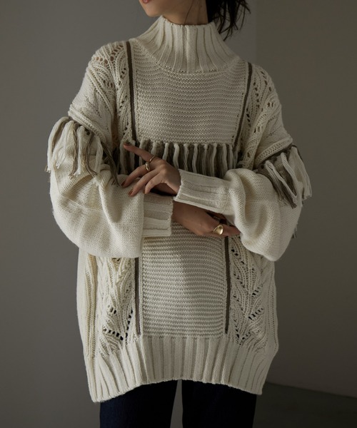 Fashion Letter（ファッションレター）の「配色フリンジハイネックニット（ニット/セーター・レディース・ブラック/グレイッシュベージュ/モカ/アイボリー・M）」の5枚目の写真