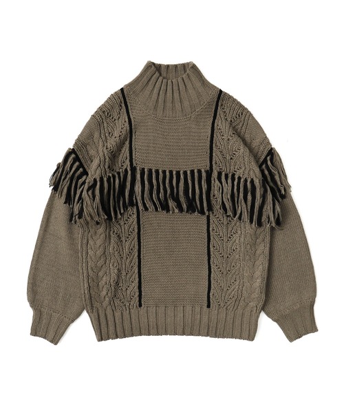 Fashion Letter（ファッションレター）の「配色フリンジハイネックニット（ニット/セーター・レディース・ブラック/グレイッシュベージュ/モカ/アイボリー・M）」の13枚目の写真