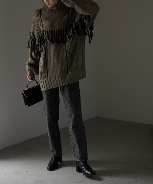 Fashion Letter（ファッションレター）の「配色フリンジハイネックニット（ニット/セーター・レディース・ブラック/グレイッシュベージュ/モカ/アイボリー・M）」の15枚目の写真