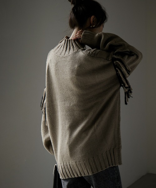 Fashion Letter（ファッションレター）の「配色フリンジハイネックニット（ニット/セーター・レディース・ブラック/グレイッシュベージュ/モカ/アイボリー・M）」の11枚目の写真